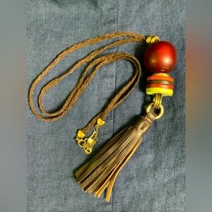 Fossil Beaded Multicolor Tassel Necklace Gold tone Mini Lock Key Fossil Tag